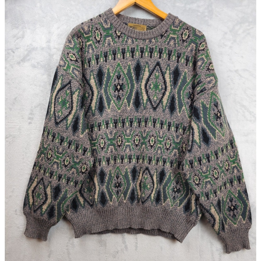 Vintage 90s Sansabelt Sweater Green Gray Geometric Wool Blend Mens XL Cosby